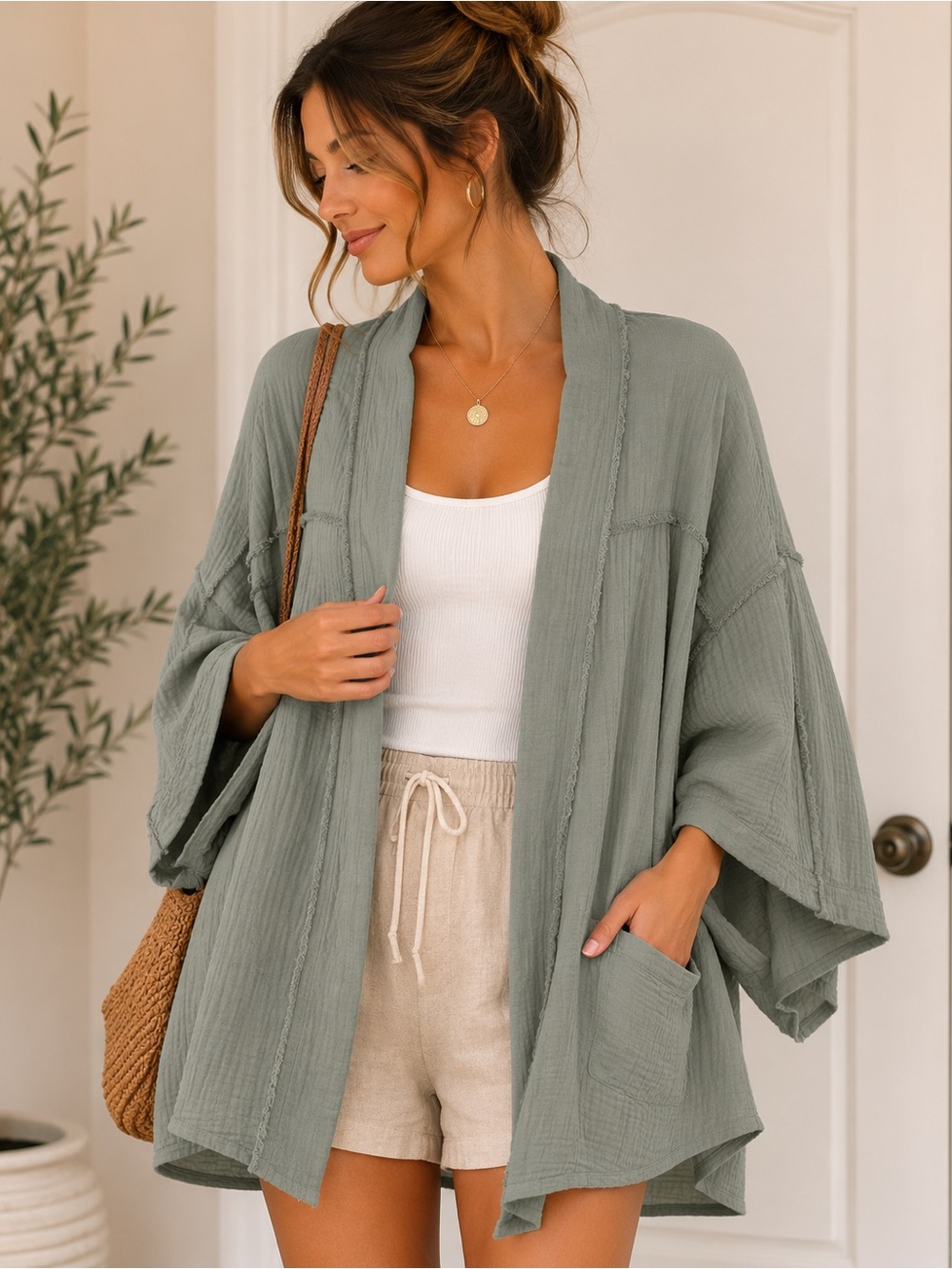 Promesa Sage Green Lightweight Swim Coverup Kimono